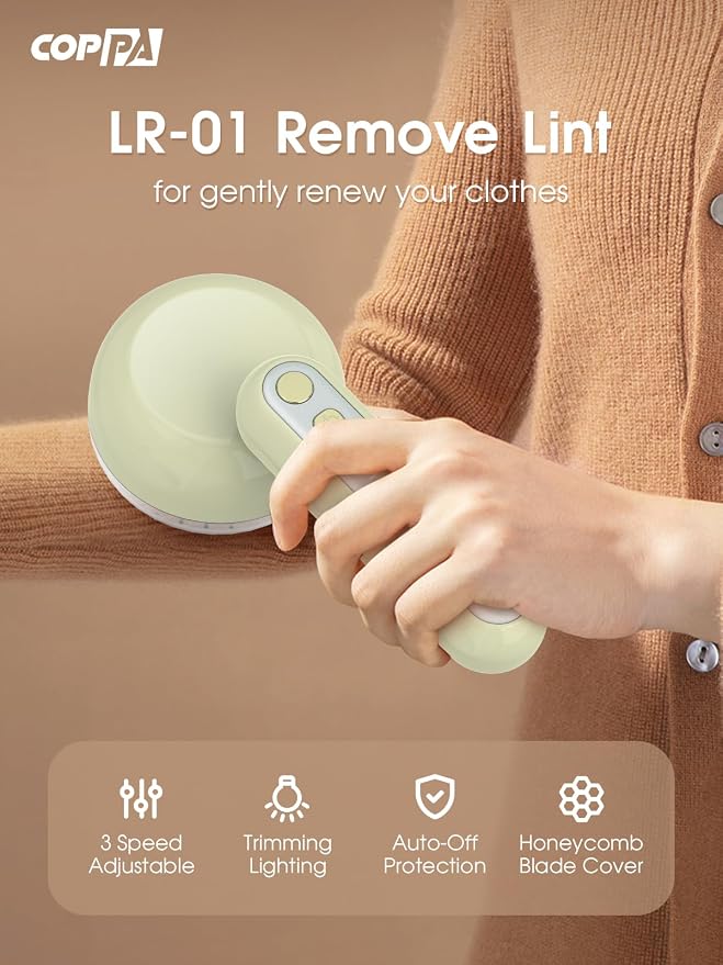 COPPA Lint Remover, LR-01 Remove Fuzz Lint USB-C Rechargeable 6 Blades & 3 Speed Mode Shut-Off Protection Portable Fuzz Remover with Battery Display for Clothing Furniture Curtain
