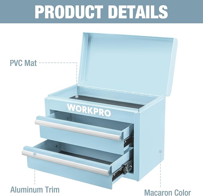 WORKPRO Metal Mini Tool Box with 2 Drawers and Top Storage | Cold Rolled Steel Toolbox, Ball Bearing Slides, PVC Drawer Liners, PP Feet Pads, Durable Storage