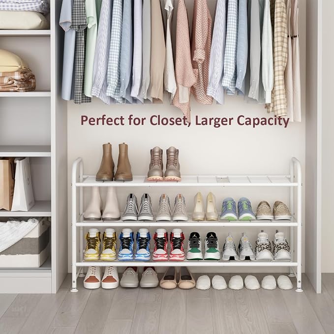 LINZINAR 3 Tier Long Shoe Rack for Closet Metal Shoe Organizer for Entryway | Spacious design stores 20+ pairs of shoes,durable metal frame,space-saving organizer for closet, hallway, and Entryway White