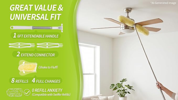 IVYROLL Dual Head Duster with Extended Handle 6 ft | Lockable Extendable Duster Kit with Extension Pole for High Ceiling Fan & Wall, 8 Refills