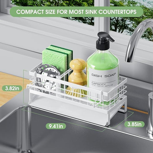 Self-Draining Kitchen Sink Caddy, Rustproof Non-Slip Sponge Holder with Detachable Dish Cloth Holder (White)