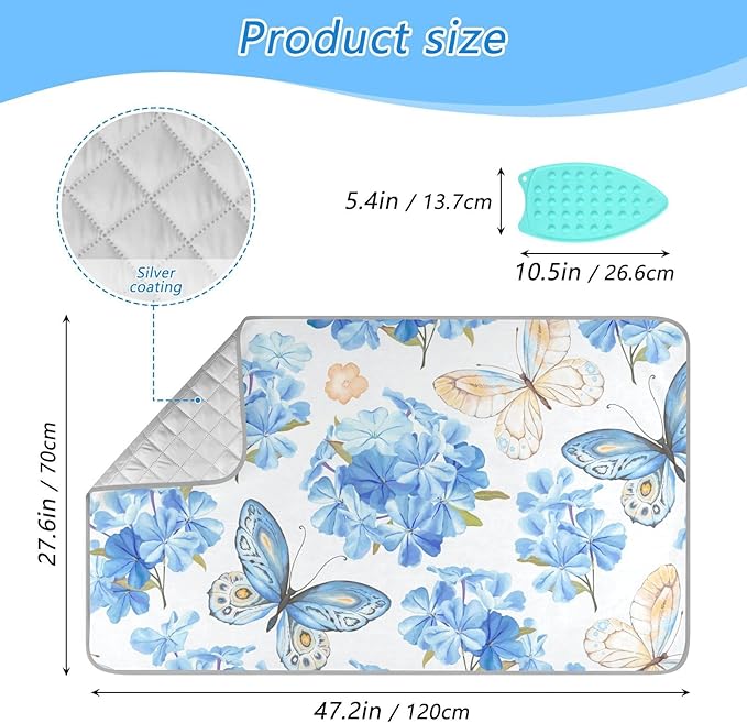 Blue Floral Butterfly Ironing Mat Portable Ironing Pad Blanket with Silicone Iron Rest for Table Top Travel Heat Resistant Double-Side Using Large 47x28 Inch Foldable