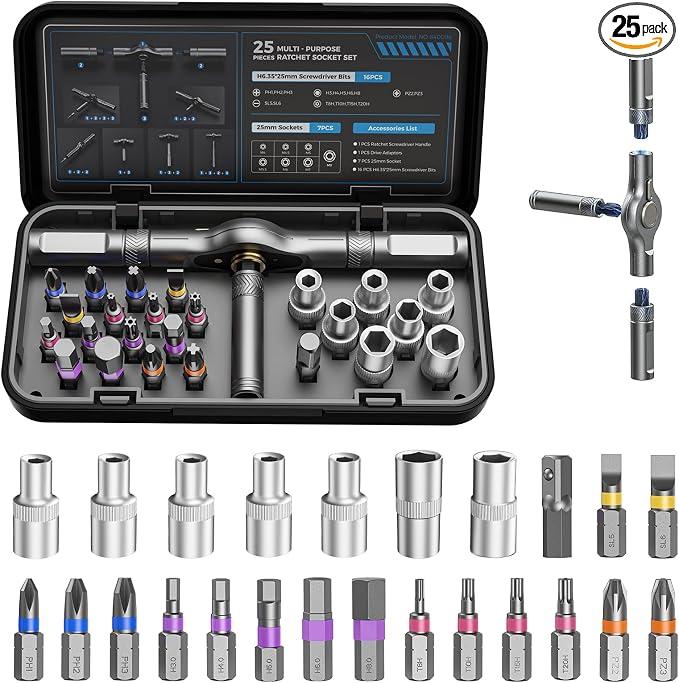 25 in 1 Magnetic Ratchet Screwdriver Set, S2 Steel Bits & 7 CR-V Sockets, Flexible Shaft, Magnetic Multi Bit Screwdriver Kit with Case for Furniture, Electronics, Bicycle & Home Repair