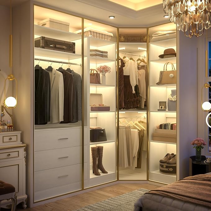 Besiost Corner Closet System with 3 Drawers, Corner Closet Organizer System with 13 Shelves & 3 Hanging Rods, 63.2"L * 39.2"W Reversible L Shaped Walk-in Closets, Load 2000+LBS, White