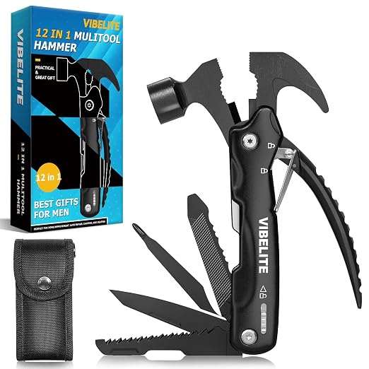 Gifts for Men, 12 in 1 Multitool Hammer for Camping, Hunting, Hiking | Birthday Gifts for Men, Dad, Him, Husband, Boyfriend, Women, Mens Gift from Daughter, Wife, Son, Black