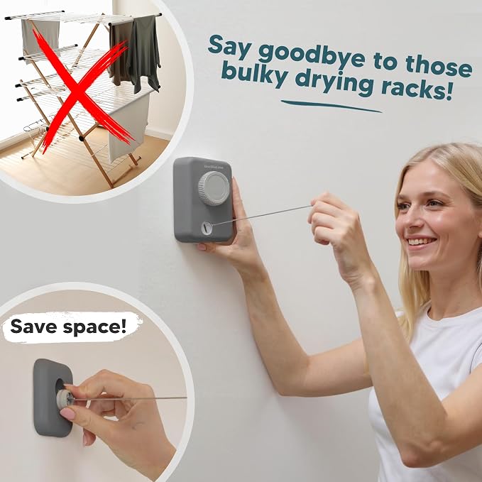GorillaLine Max – Retractable Clothesline Indoor Outdoor, Non-Sagging Heavy Duty Clothes Drying Line, Wall Mounted Drying Rack, Air Dry Clothing, Max Tighten with GorillaGrip