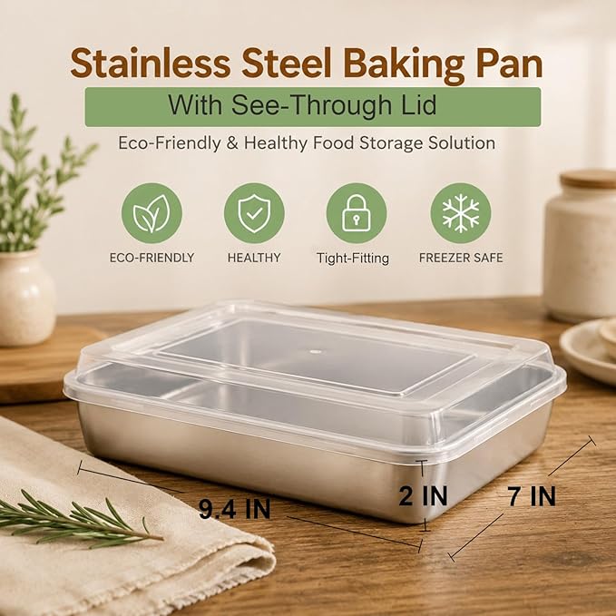 E-far Small Baking Pan with Lid, 9.4”x 7” x 2” Stainless Steel Rectangle Sheet Cake Pans for Toaster Oven, Metal Covered Bakeware for Cakes Brownies Casseroles, Non-toxic & Dishwasher Safe - Set of 2