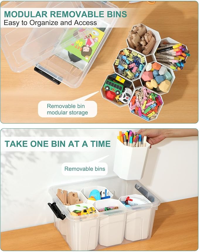 EOENVIVS Clear Storage Tote with 6 Tall Inserts, Stackable craft organizers and storage Box, Plastic Storage Bins with Lids and Handles for Crafts, Jewelry & Sewing, Art Supplies, Markers, Pens