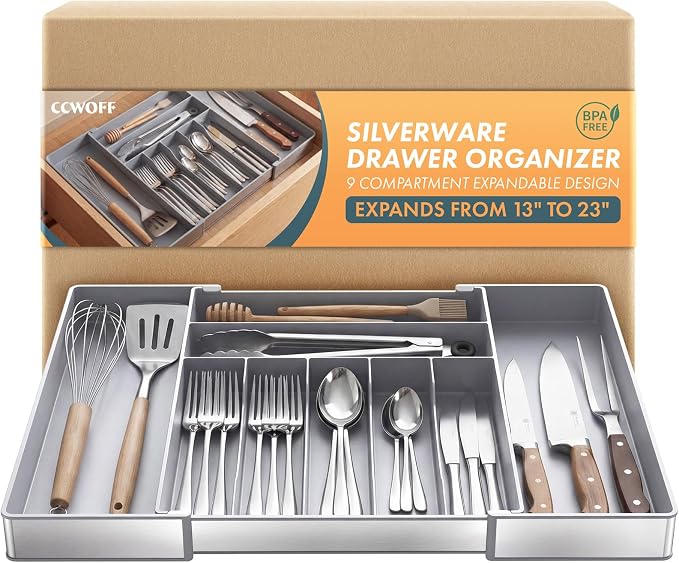 Silverware Drawer Organizer, 9 Slots Expandable Kitchen Drawer Organizer | Extra Large Utensil Holder & Cutlery Tray, Heavy Duty Stainless Steel Frame Flatware Organizer, Non-Slip Feet Included, Gray