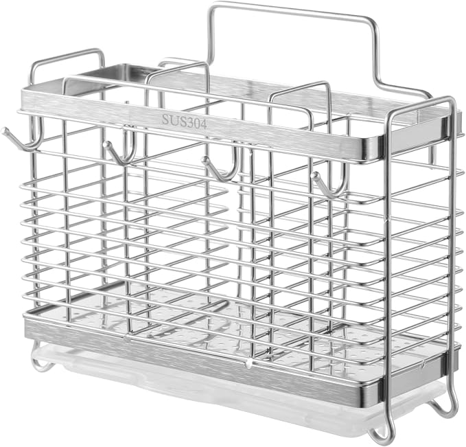 OMISTAR Silverware Drying Rack - Metal Basket, 3 Compartments Stainless Steel Wire Holder, Kitchen Countertop Organizer with 4 Hooks for Forks, Spoons, Chopsticks