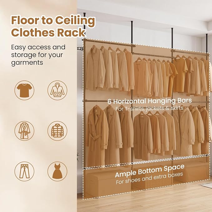Giantex Floor to Ceiling Clothes Rack, Heavy Duty Garment Rack Adjustable | Tension Pole Closet System w/ Folding Drying Rack, Reacher Pole, Metal Garment Organizer for Bedroom, Laundry Room, Closet