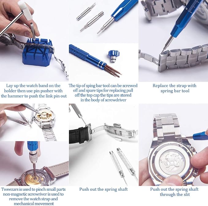 Kingsdun Watch Repair Kit, Professional 208Pcs Watch Battery Replacement Tool Watchband Link & Back Remover, Spring Bar Tool Kit with Carrying Case & Instruction Manual (Blue)
