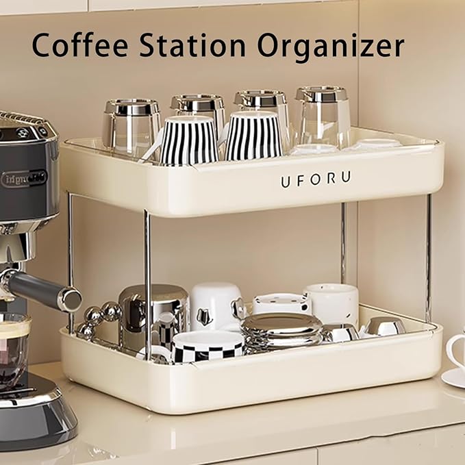 UFORU Countertop Coffee Station Organizer,Cup Rack,Mug & Wine Glass Holder | 2-Tier Cream White Mug Shelf with Removable Drain Tray,Bathroom Countertop Organizer,Spice Rack for Kitchen