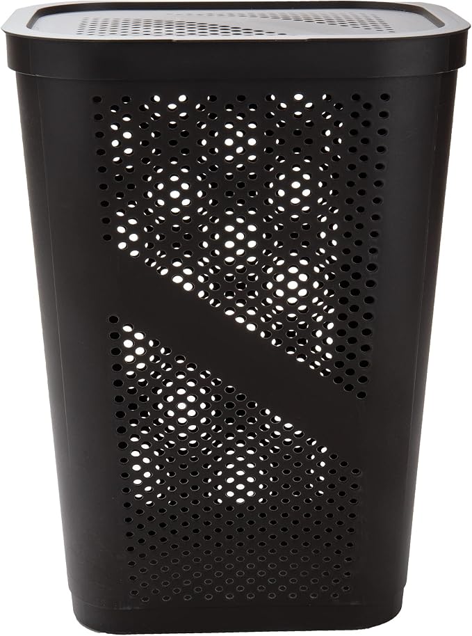 Mind Reader Slim Laundry Hamper with Lid, 60L Clothes Basket, Ventilated Plastic, Brown