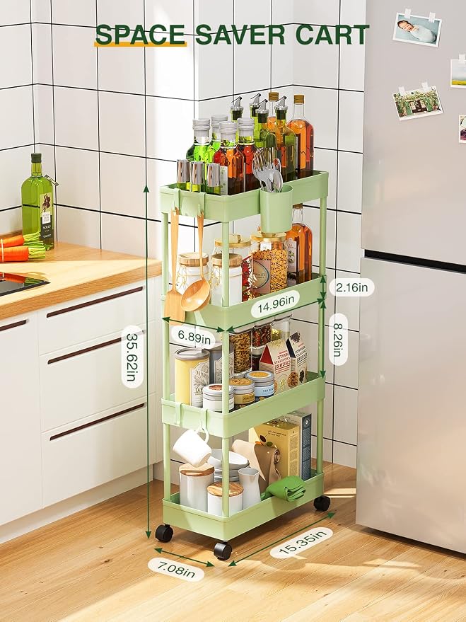 LEHOM Slim Rolling Storage Cart - 4 Tiers Bathroom Organizer Utility Cart | Slide Out Storage Shelves Mobile Shelving Unit for Kitchen, Bedroom, Office, Laundry Room, Small Narrow Spaces (7.1" W+Green)