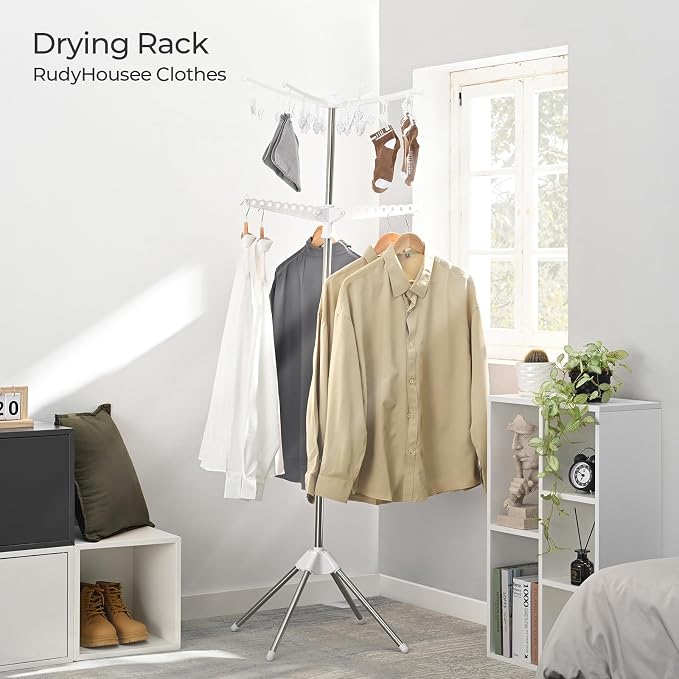 Clothes Drying Rack, 72 Inch Tripod Laundry Drying Hangers,2-Tier Folding Steamer Stand, Garment Rack for Saving Sapce, Clothes Storage, Metal Frame, Indoor Outdoor, White