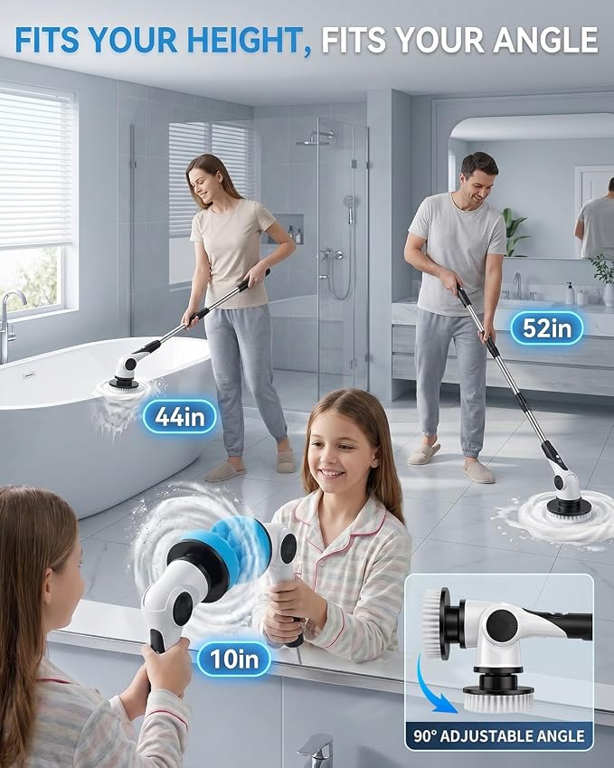 Electric Spin Scrubber, 3-Speed Shower Scrubber with Long Handle & 10 Replaceable Brush Heads, Cordless Full-Body IPX7 Waterproof Shower Cleaner Brush with 90 Mins Runtime for Bathroom
