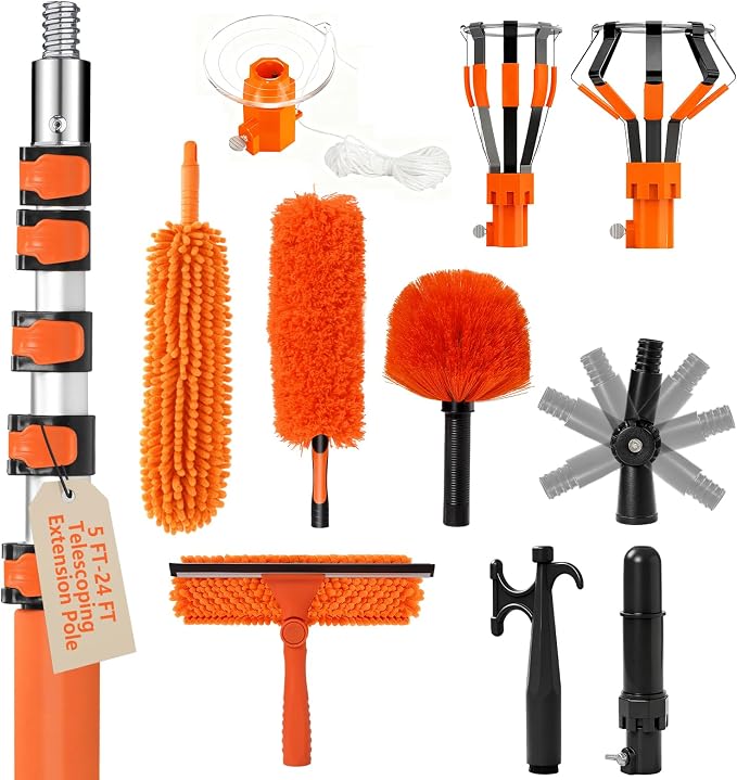 30FT High Ceilings Cobweb Dusters for Cleaning Kit with Extension Pole | Telescoping Lightbulb Changer,Spider Web Brush Extendable Duster,Ceiling Fan Cleaner and Window Squeegee Cleaning