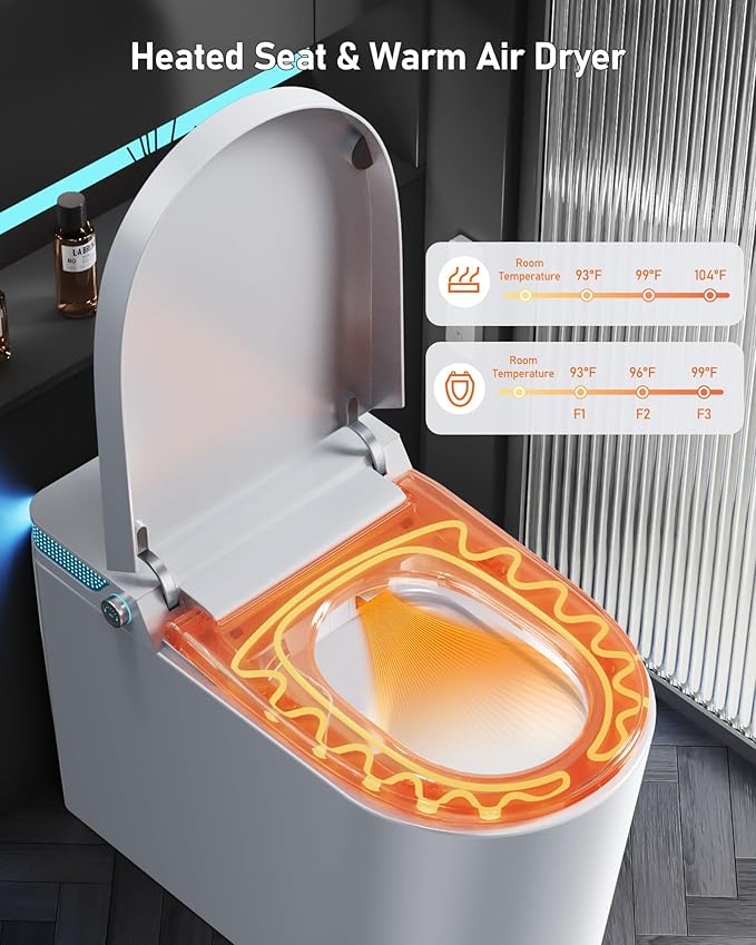 Smart Toilet with Bidet Built-in: Toilet Bidet with Dryer, Child Seat, 4 Wash Modes, One Piece Toilet with Heated Seat, Foam, Dual Flush, UV-C Night Light, Remote, Foot Sensor, Auto Flush Lid&Seat