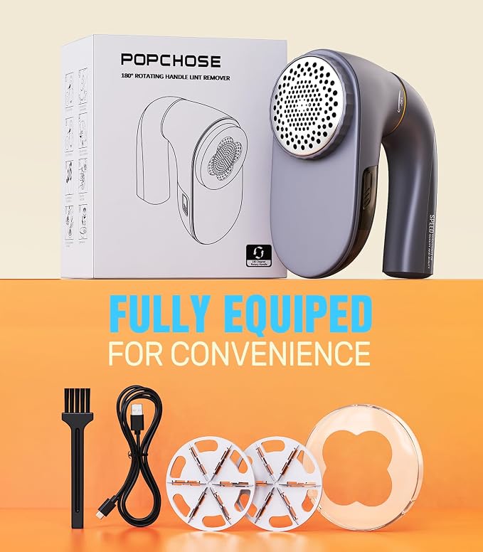 POPCHOSE Fabric Lint Shaver, 6-Leaf Blades & 2 Speed, 2000mAh Rechargeable | Lint Remover for Clothes, Sweater Shavers to Remove Pilling, Electric Lint Remover for Couch, Furniture, Fuzz