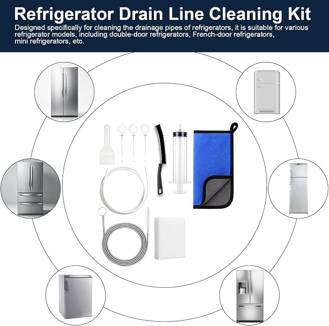 XANGNIER 10 Pcs Refrigerator Water Line Cleaning Kit,Refrigerator Drain Cleaner Tool–53.8Inch Flexible Drain Brush,Syringe,Unclog Fridge&Ice Maker Cleaner Tools for Ice Dispenser,Sink,AC Drain Line