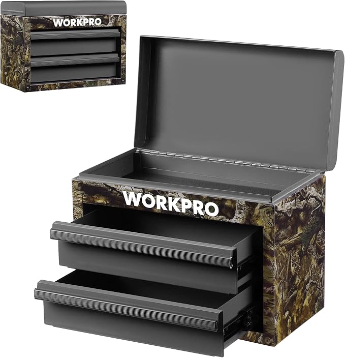 WORKPRO Metal Mini Tool Box with 2 Drawers and Top Storage | Cold Rolled Steel Toolbox, Ball Bearing Slides, PVC Drawer Liners, PP Feet Pads, Durable Storage