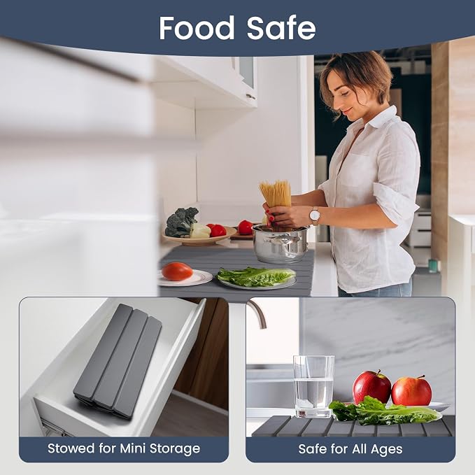 Meowoo Stone Drying Mat for Kitchen Counter, 15.7"x11.8" Foldable Diatomaceous Earth Mat, Super Absorbent, Quick-Dry Bath & Kitchen Pad for Dishes, Cups, Non-Slip, Fits Any Countertop - Dark Gray