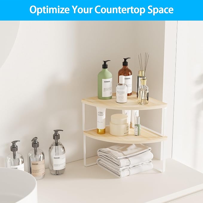 Golener Kitchen Corner Shelf, Corner Spice Rack, Counter Shelf, Stackable | Kitchen Counter Organizer, Plate Organizer for Cabinet, 2-Tier Corner Countertop Shelf, Corner Desk Shelf, Natural Beige