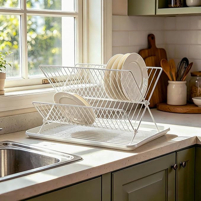 White Foldable 2-Tier Dish Rack - Heavy-Duty Metal Drying Rack with Removable Drip Tray, Collapsible Kitchen Sink Organizer for Plates, Bowls, Cups & Utensils