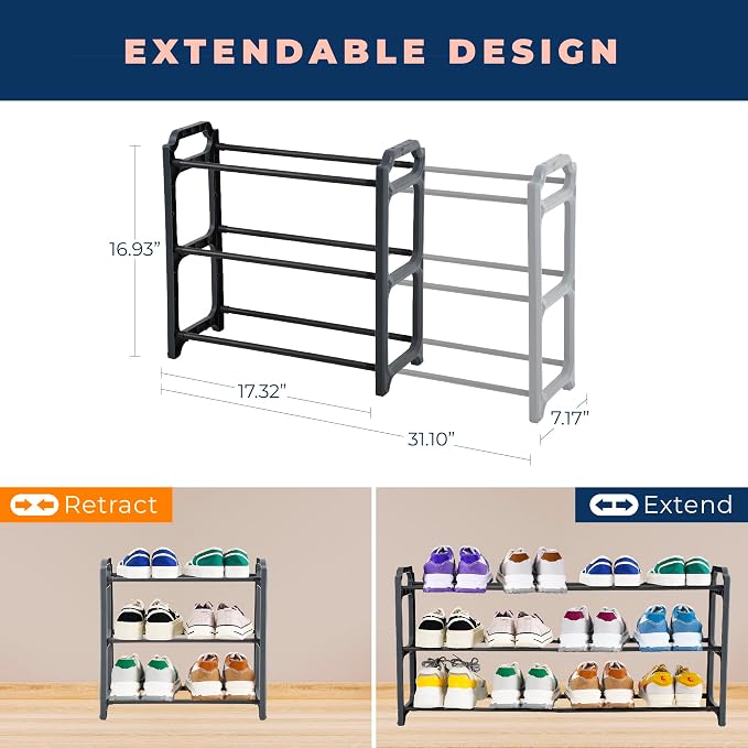 Happhom 3-Tier Expandable Shoe Organizer - Space Saver Shoe Shelf with Smart Design for Closet, Entryway and Small Spaces, Dark Grey (CSR-01)