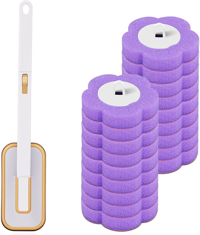 Disposable Toilet Brush, Toilet Brush Kit, Toilet Bowl Cleaning System, Long Handle Easy to Install for Bathroom Cleaning (White Cleaning Brush + 18 Purple Replacement Heads)