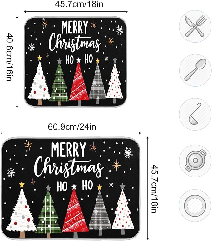 Christmas Tree Black Dish Drying Mat for Kitchen Countertop 18x24 Winter Snowflake White Xmas Large Drying Mat Reusable Quick Dry Dish Sink Mats Easy Clean Decorative Essentials