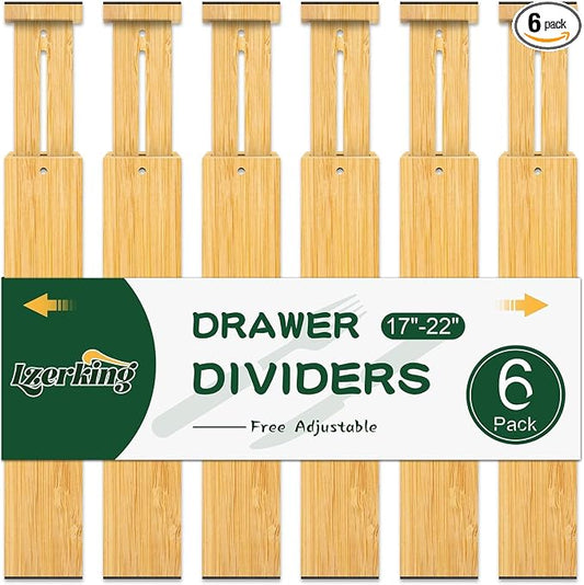 Lzerking Kitchen Drawer Dividers 6 Pack Bamboo Drawer Organizers | 17-22" Adjustable, Spring Loaded, Expandable Utensil Organizer, Works in Kitchen, Dresser, Closet, Bathroom, Bedroom