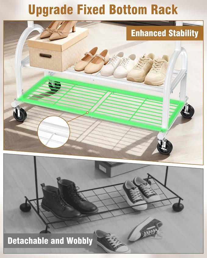 EAGMAK Heavy Duty Clothes Rack for Hanging Clothes Load 556 LBS, Height Adjustable Rolling Clothing Racks, Portable Metal Coat Rack Garment Wardrobe with Wheels and Shelves for Bedroom Laundry, White