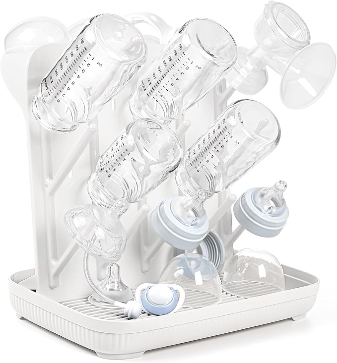 Termichy Baby Bottle Drying Rack：Large Vertical Space Saver for Countertop | With 15 Hooks - Quick-Dry Holder for Nipples, Teethers & Breast Pump Parts -Newborn Essentials Must-Haves White