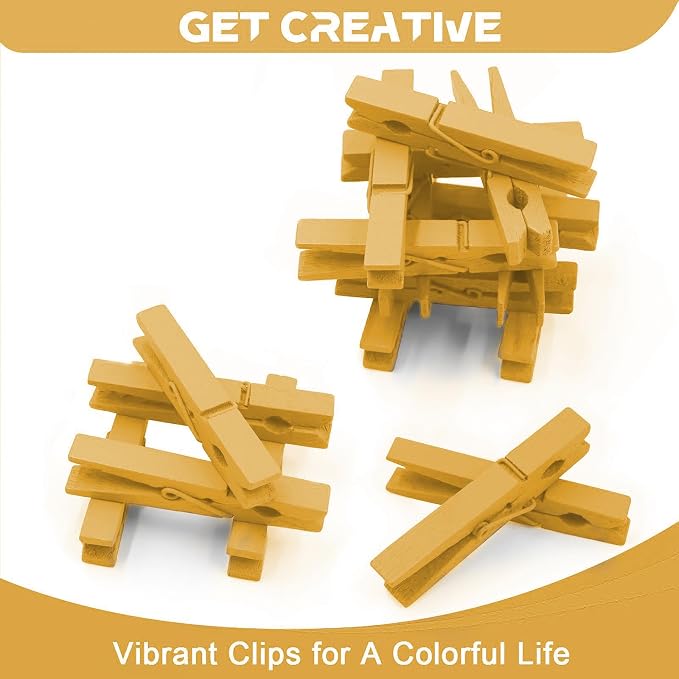 100 Pcs Gold Clothes pins - 2.9 Inch Wooden Clothespins Cheer Clips | Vibrant for Crafts Classroom Decorations Clothing Pictures Laundry Solid Wood No Splinters Fade‑Proof