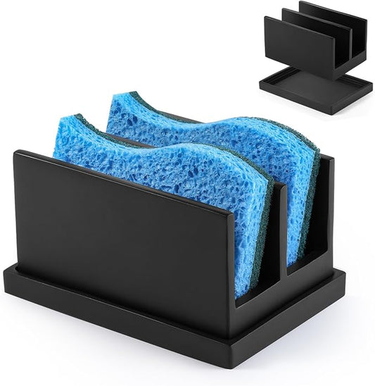 Luxspire Kitchen Sponge Holder for Sink, Dish Sponge Holder with 2 Compartments, Sponge Caddy for Kitchen Sink Counter, Sponge Holder with Drain Tray, Matte Black