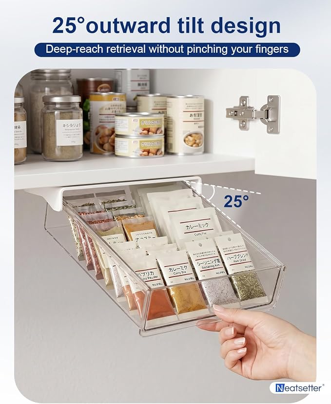 Clear Storage Drawer – 25° Tilted Front, Self-Adhesive Organizer for Bathroom, Kitchen & Office (Small)