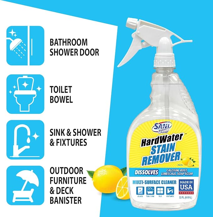 SANI 360° Hard Water Stain Cleaner & Surface Sealant, 32 oz, Lemon Scent | 60-second cleaner and sealant reduces calcium, limescale, rust and soap scum on multiple surfaces; lemon scent, made in USA.