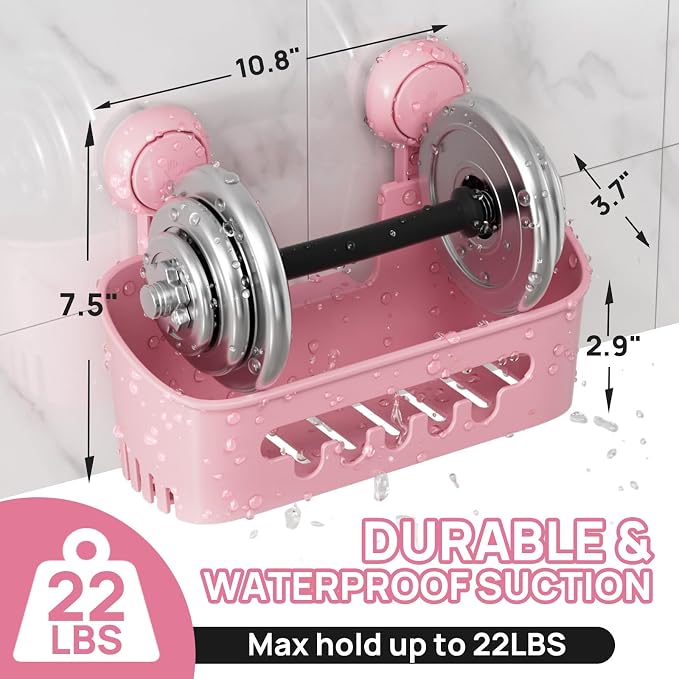 LEVERLOC Shower Caddy Suction Cup Shower Organizer Bathroom Storage Removable Powerful Suction Shower Shelf, Pink 2pack