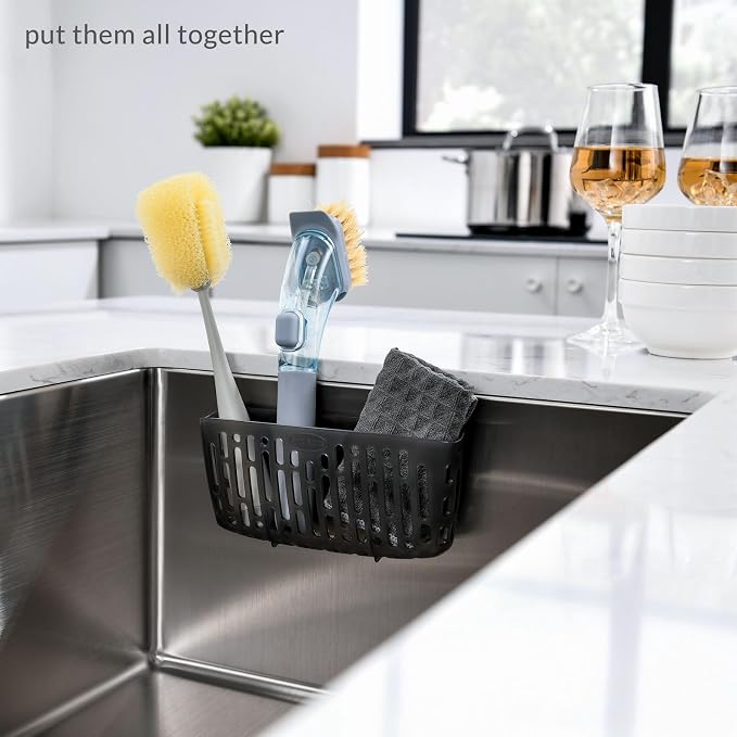 simpletome Sink Caddy Basket, Sinkware Organizer, 3X Strong Suction Cups Or Countertop (Translucent Grey) | include 3 suction cups and 1 adhesive backing | make kitchen sink tidy | kitchen essentials | can be placed upright counter