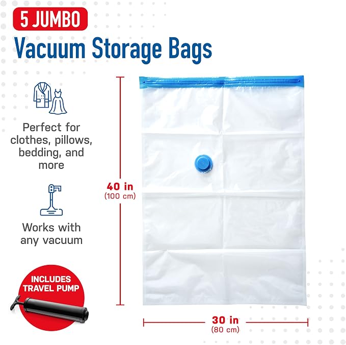 Spacesaver Jumbo Vacuum Storage Bags for Comforters, Blankets & Clothes – Vacuum Sealed Compression Bag with Hand Pump – Space Saver Storage Bag for Bedding, Moving, Travel & Organization (5 Pack)