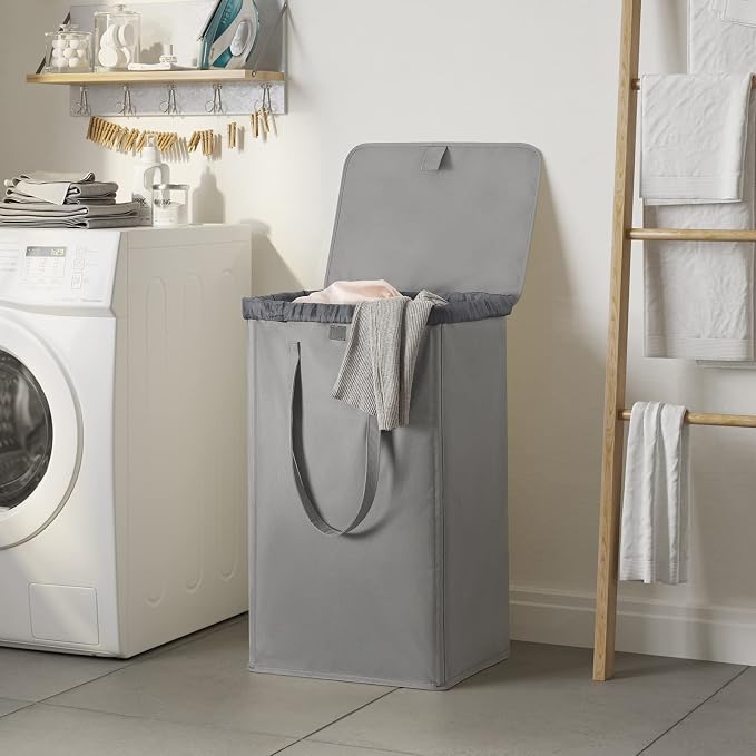 WOWLIVE 100L Laundry Hamper with Lid, Tall Dirty Laundry Basket for Dorm | Large Collapsible Dirty Clothes Hamper with 2 Removable Bags and Handles for Laundry Room, College Dorm, Grey