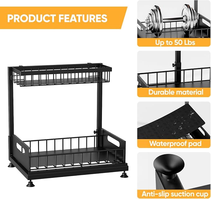 Saydear 2-Pack L-Shaped Under Sink Organizer, 2-Tier Pull-out Cabinet Rack | Black Height-Adjustable Steel Rack, Sliding Grid Drawers with PP Liners, Holds 100 Lbs, Suction Base, Ideal Kitchen Storage