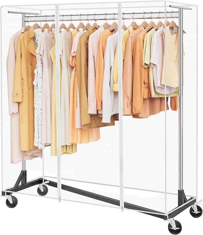 Hoctieon Z Clothes Rack with Cover, Metal Heavy Duty Clothing Rack, Rolling Garment Rack with Wheels, with Dustproof Cover Waterproof Protector, with 2 Durable Zippers, for Hanging Clothes, Chrome