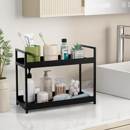 Bathroom Counter Organizer 2 Tier Vanity Storage Countertop Shelf Makeup Organizer Perfume Tray Skincare Holder for Sink, Dresser, Kitchen, Large Black