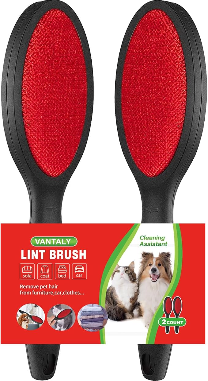 2-Sided Lint Remover Brush, Reusable Hair & Lint Cleaning Tool for Clothes, Carpet and Sheets, Black/Red