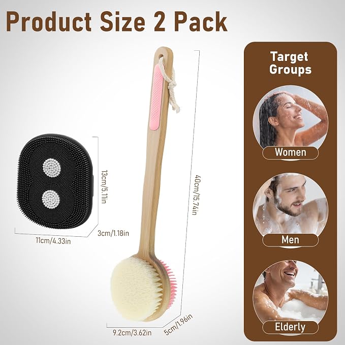 Back Scrubber for Shower + Body Scrubber 2 Pack, Dual Sided Silicone & Nylon Bristles Lather Well Exfoliating Anti-Slip Wood Long Handle Back Scrubber Body Exfoliator for Wet/Dry Bath Brush Pk+Bl