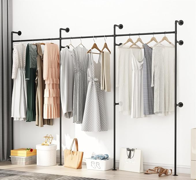 ORSENIGO Industrial Pipe Clothing Rack, Heavy Duty Clothes Rack for Hanging Clothes, Wall Mounted Display Garment Rack for Home Retail Boutique (Three, Black)