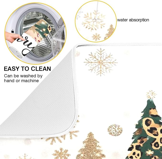 Christmas Tree Golden Dish Drying Mat for Kitchen Countertop 16x18 Winter Snowflake White Xmas Small Drying Mat Reusable Quick Dry Dish Sink Mats Easy Clean Decorative Essentials